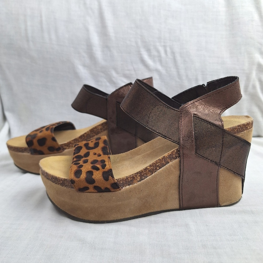 Y2K Boho Glam Pierre Dumas Bronze Leopard 8 Platform Wedge Sandals Womens